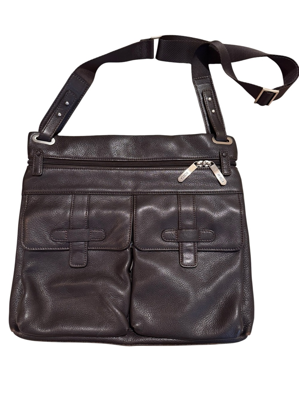 Bosca Brown Pebbled Leather Messenger Crossbody Bag Multi Pocket Work Travel